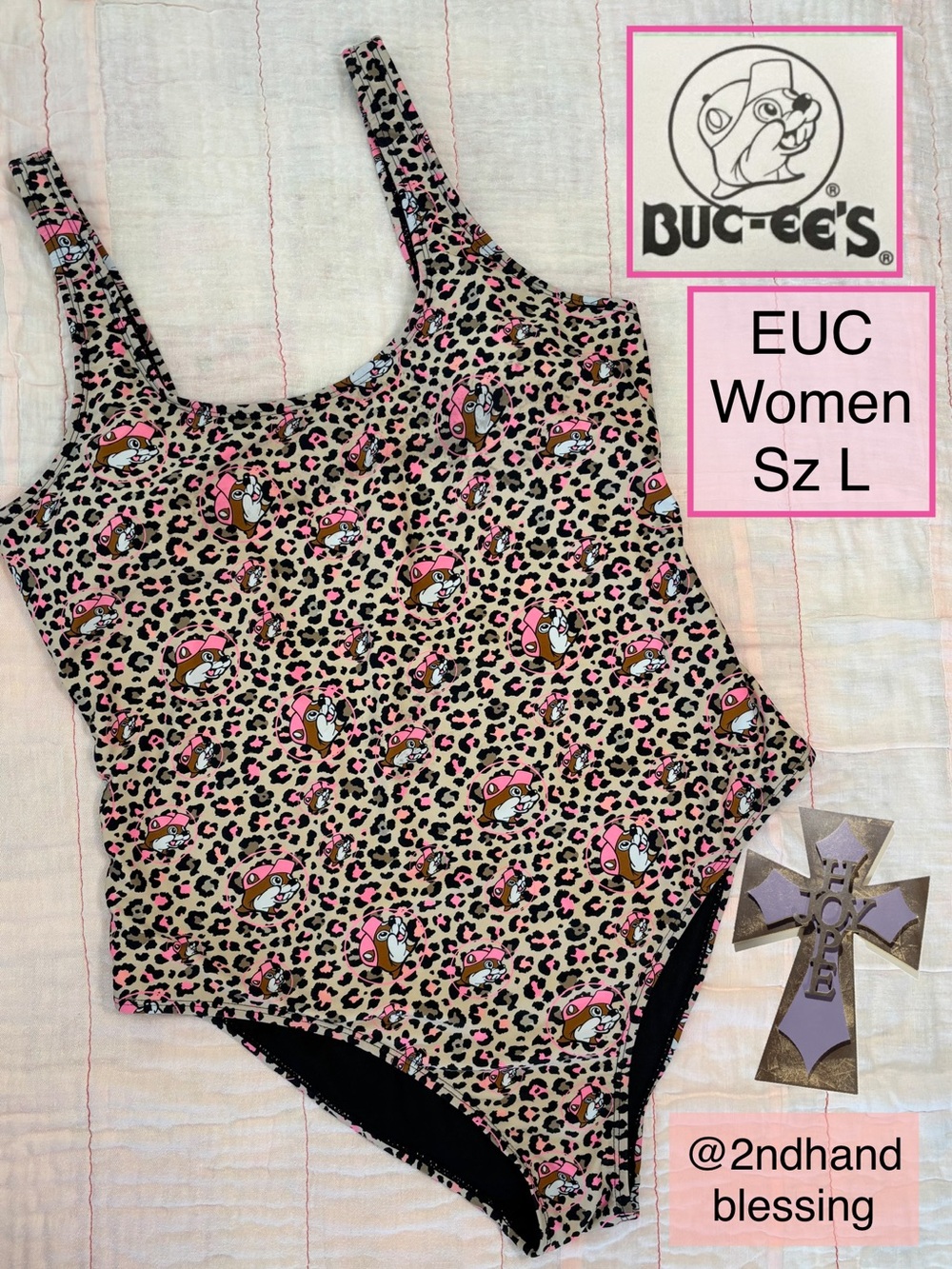 EUC Buc-ee's Leopard Logo One-Piece Swimsuit, Women Sz L, Pink Leopard Print